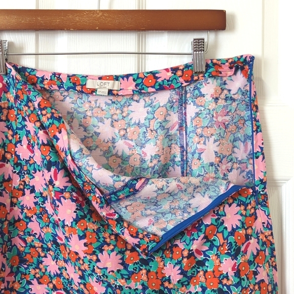 Loft Bright Daisy Linen Blend High Waisted Side Slit A-Line Midi Skirt Pink 12P - Picture 3 of 12